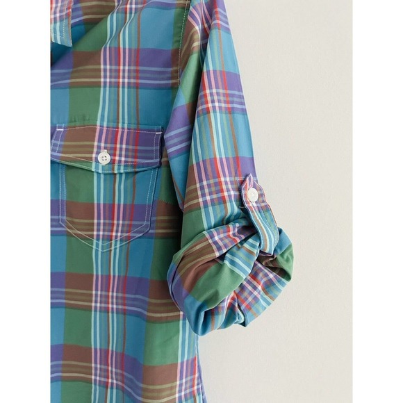 Patagonia | Women's Blue Roll Tab Sleeves Stripe Button Front Plaid Shirt - Picture 5 of 10